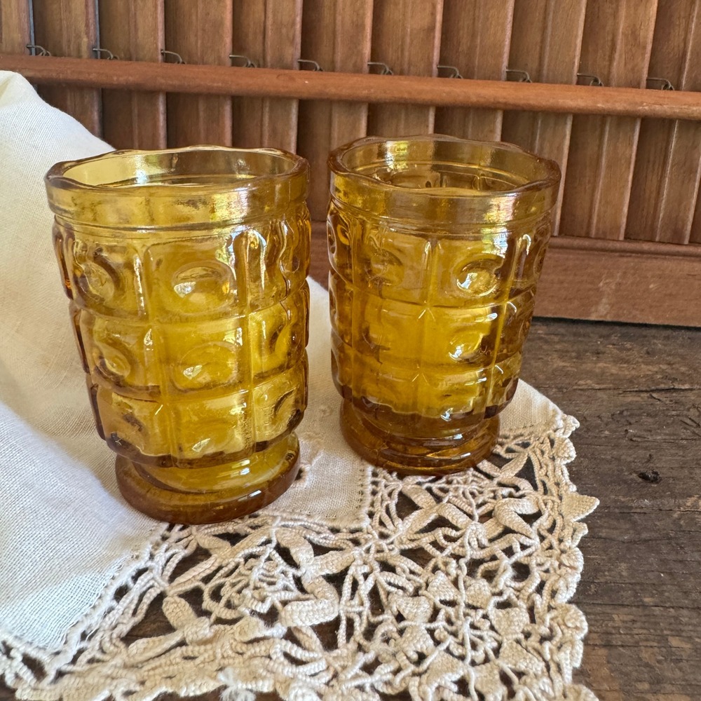 Vintage Amber Glass Votive Candle Holders Textured Waffle Pattern Pair MCM Decor
